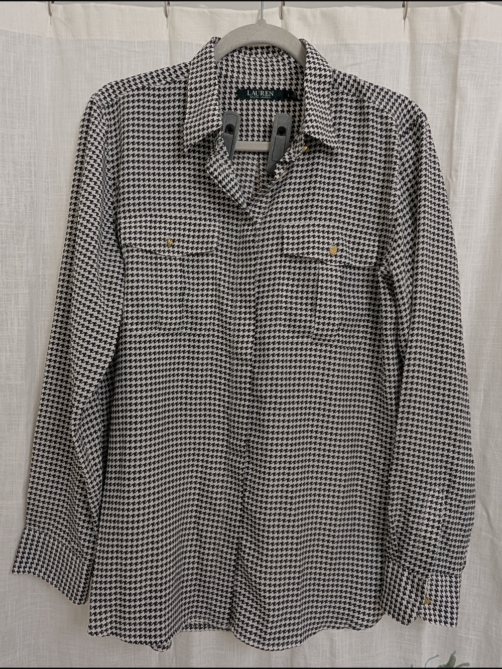Lauren Ralph Lauren Womens Houndstooth Button Front Blouse Size Large